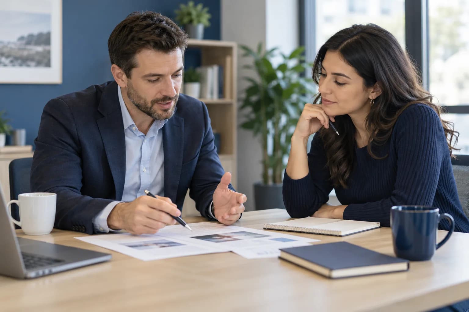 A business manager and calling-team lead discussing a campaign brief