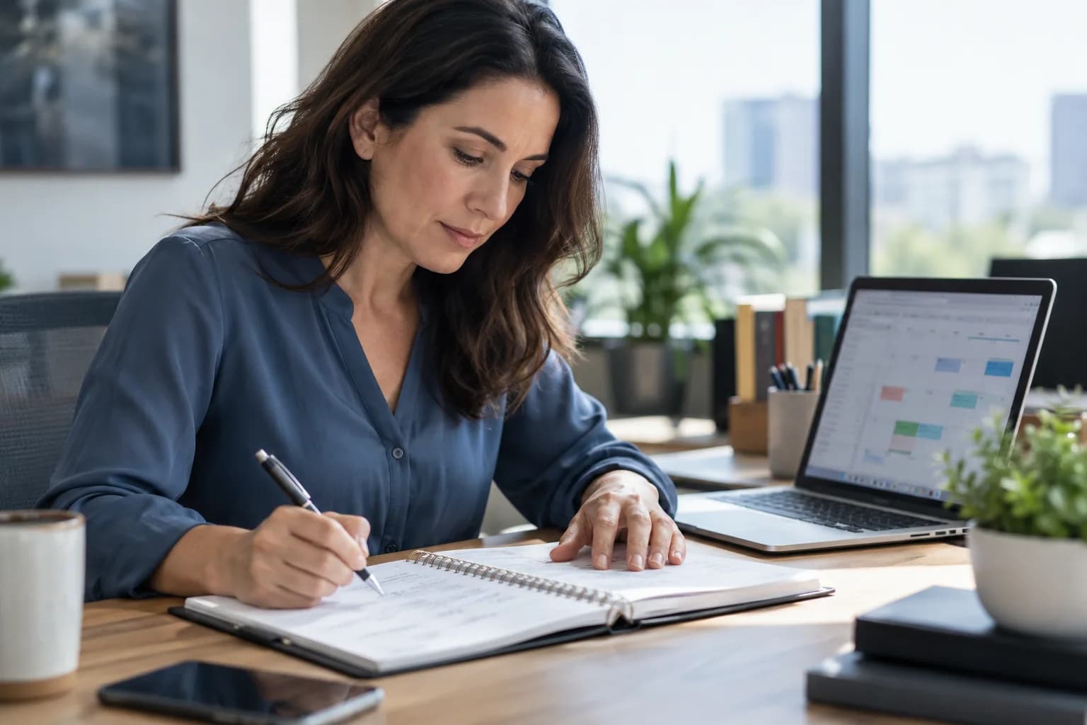Appointment coordinator comparing a planner with her booking calendar