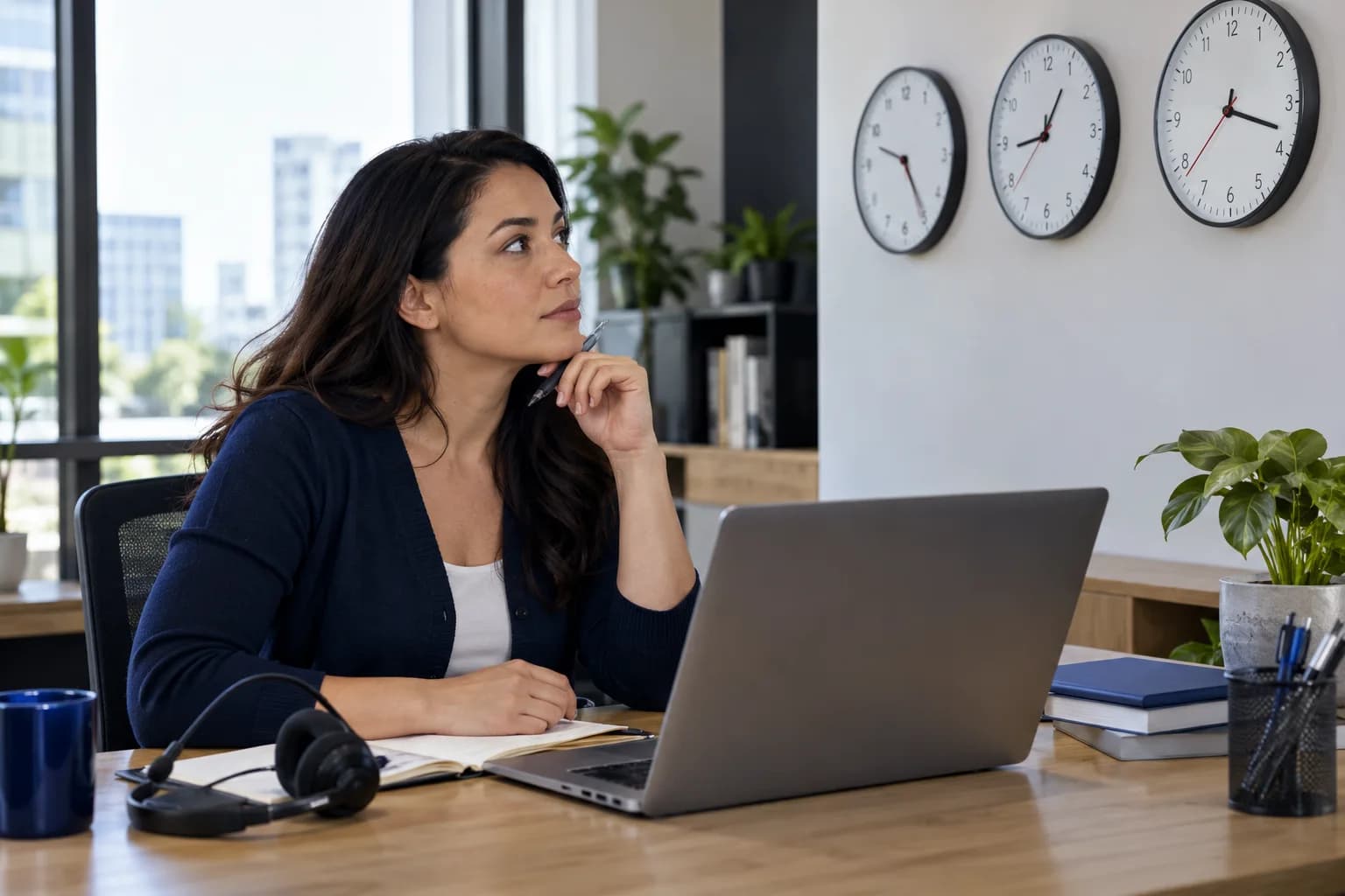 Support planner reviewing coverage beside clocks showing different times