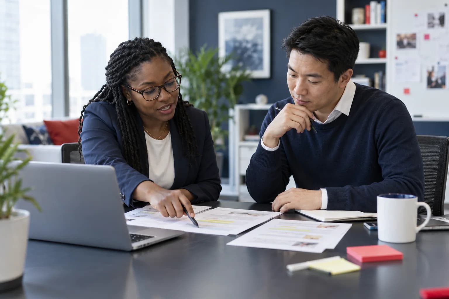 Two researchers reviewing printed interview notes and highlighted quotes at a meeting table