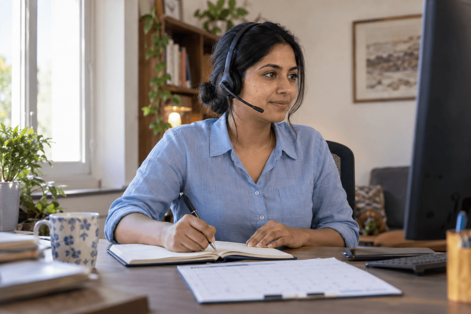 An appointment coordinator arranging a meeting from her desk