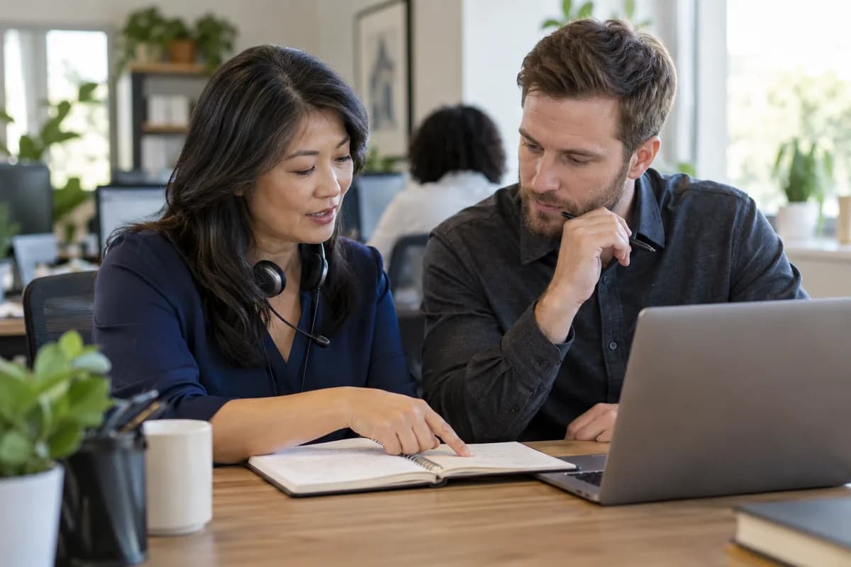 Two colleagues reviewing conversation notes and follow-up actions