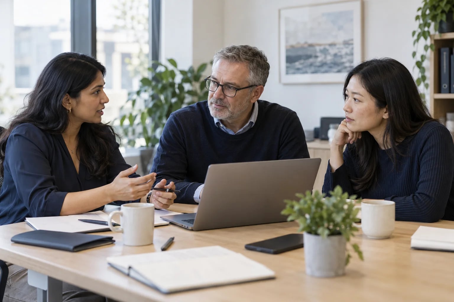 Three colleagues discussing a customer support workflow at an office table