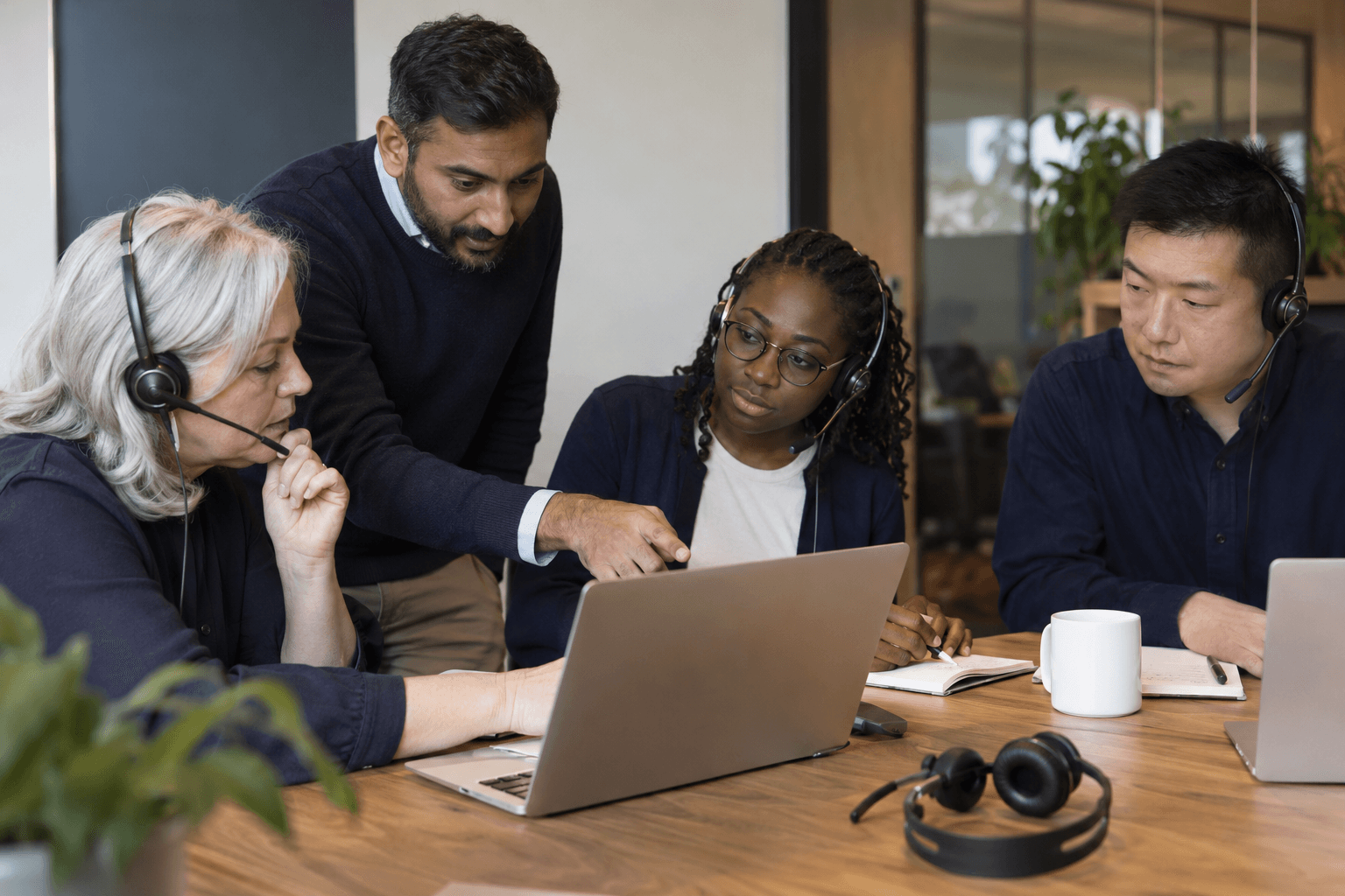 Colleagues reviewing a call coaching exercise around a meeting table