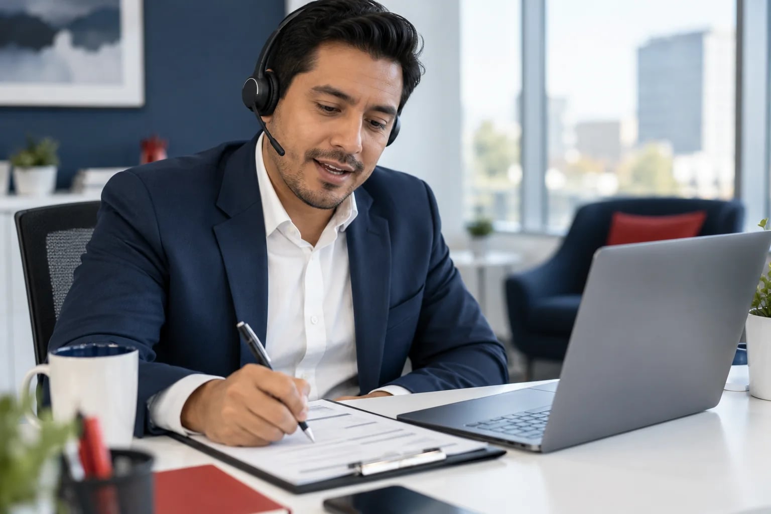 An interviewer wearing a headset writing answers on a printed question guide during a phone interview