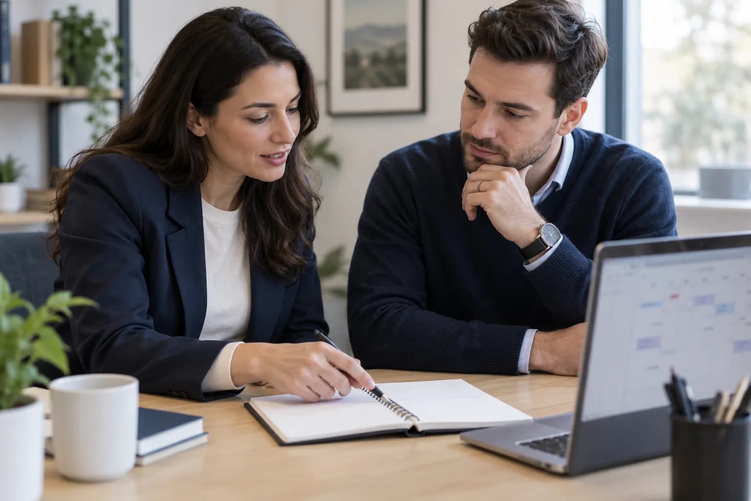 A coordinator and sales colleague reviewing meeting notes at a desk
