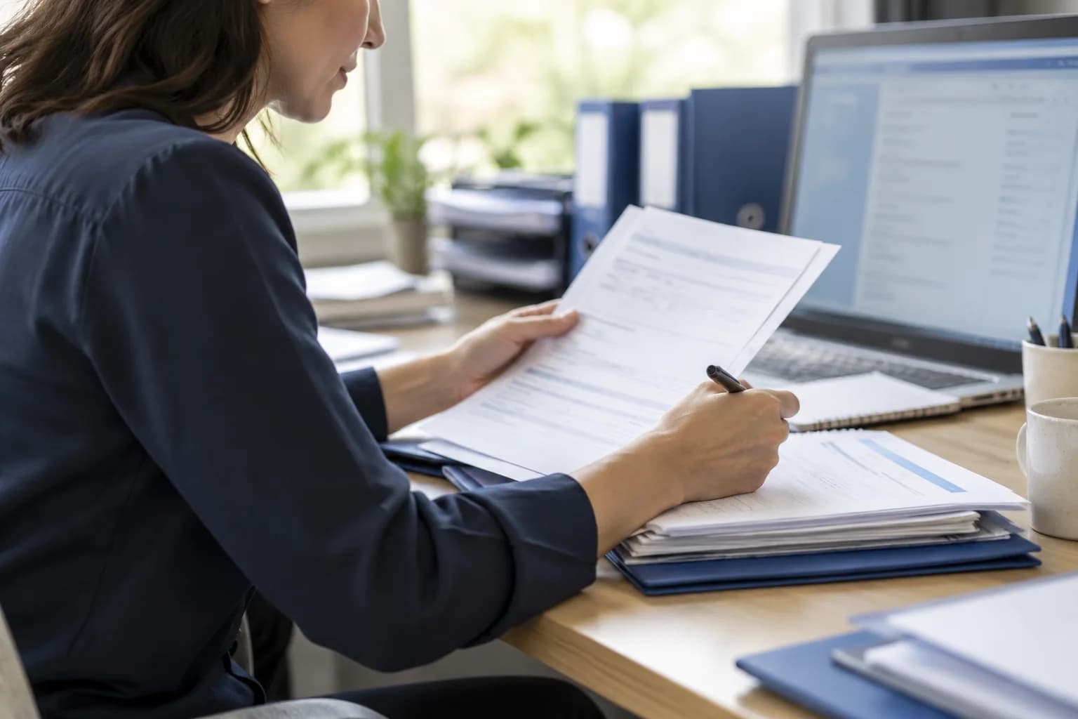 An administrator checking paper records against a computer
