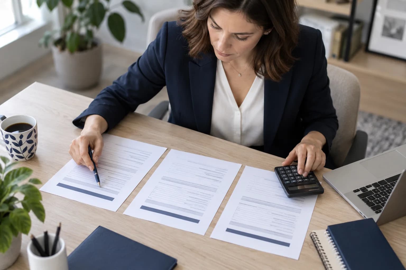 A manager comparing proposal documents with a calculator