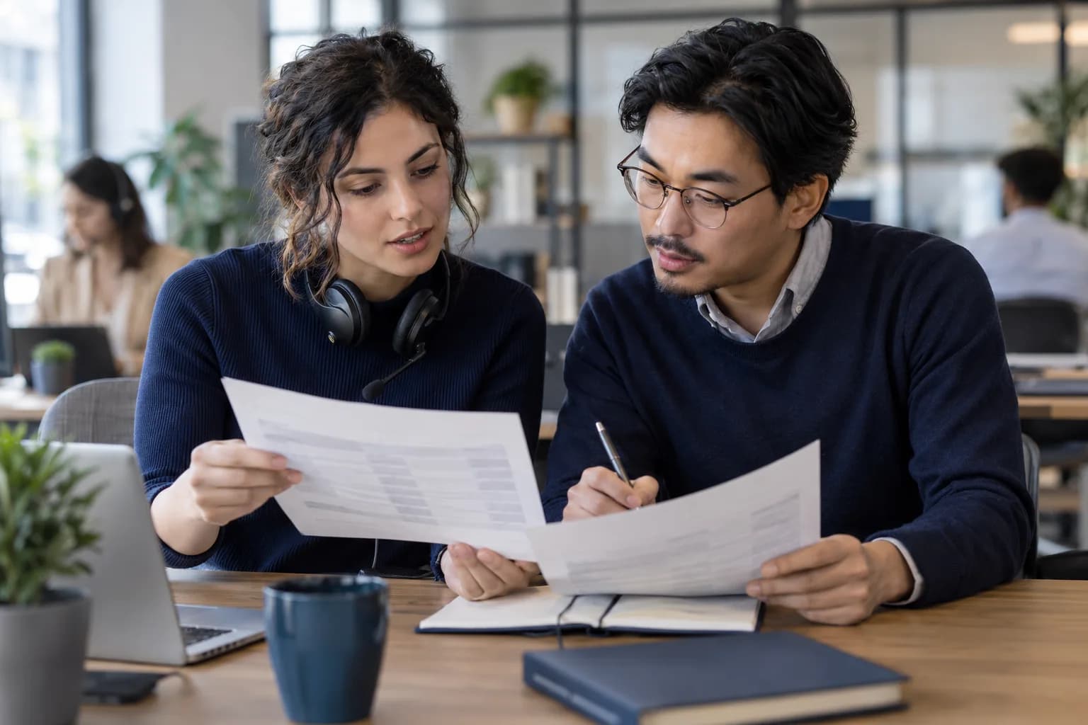 Two support colleagues reviewing language reference sheets together
