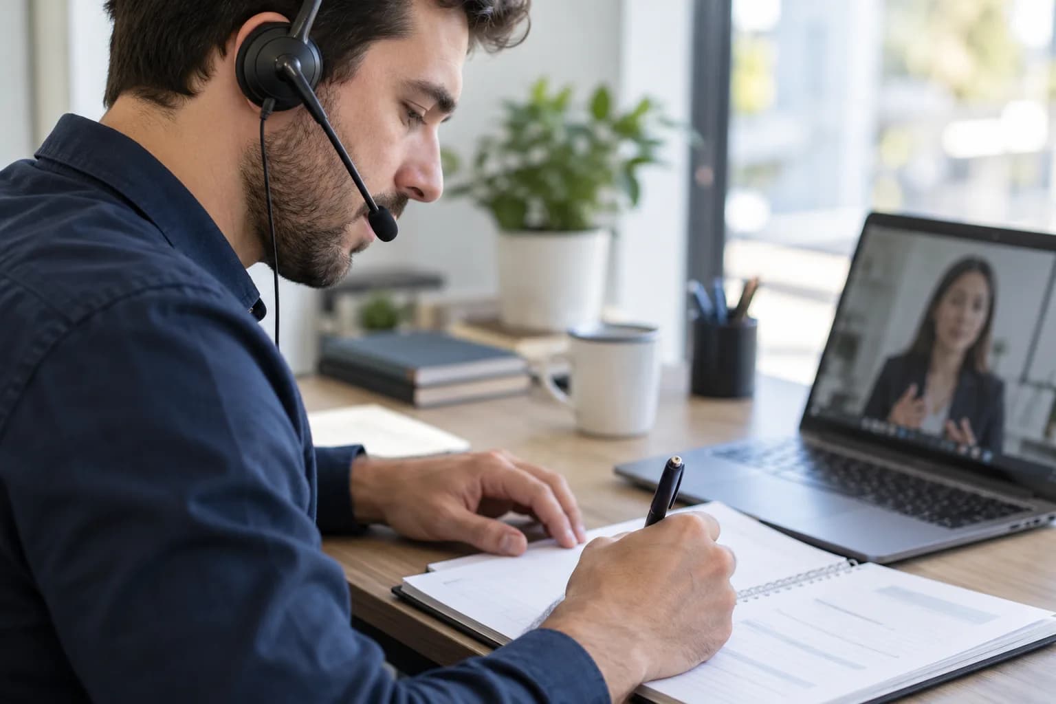 A B2B caller writing structured notes during a conversation