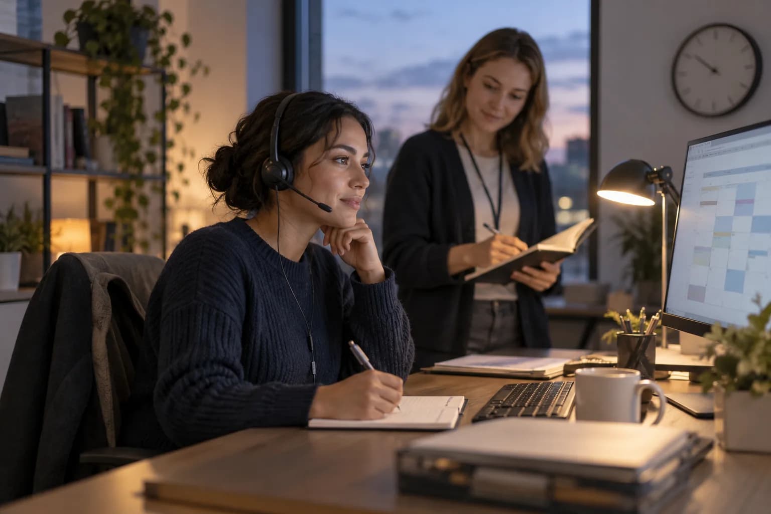 Support colleagues reviewing work during an evening shift handoff
