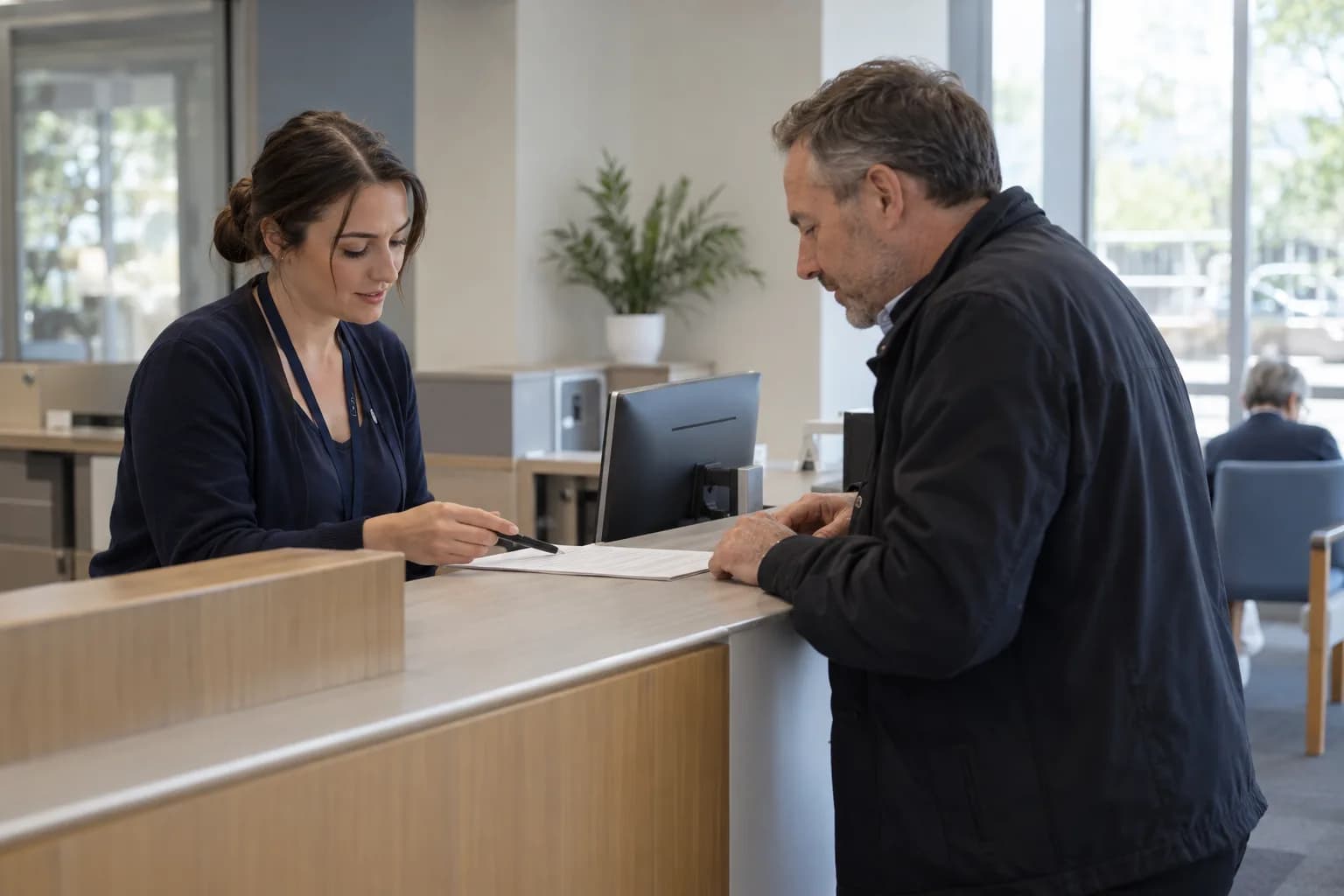 Public service receptionist helping a visitor with an enquiry