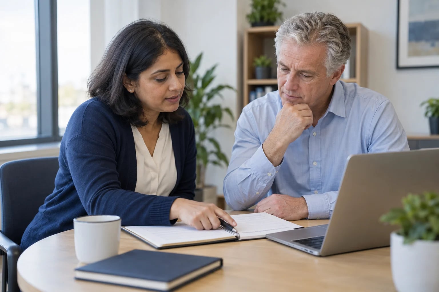 Two colleagues reviewing campaign notes together beside a laptop