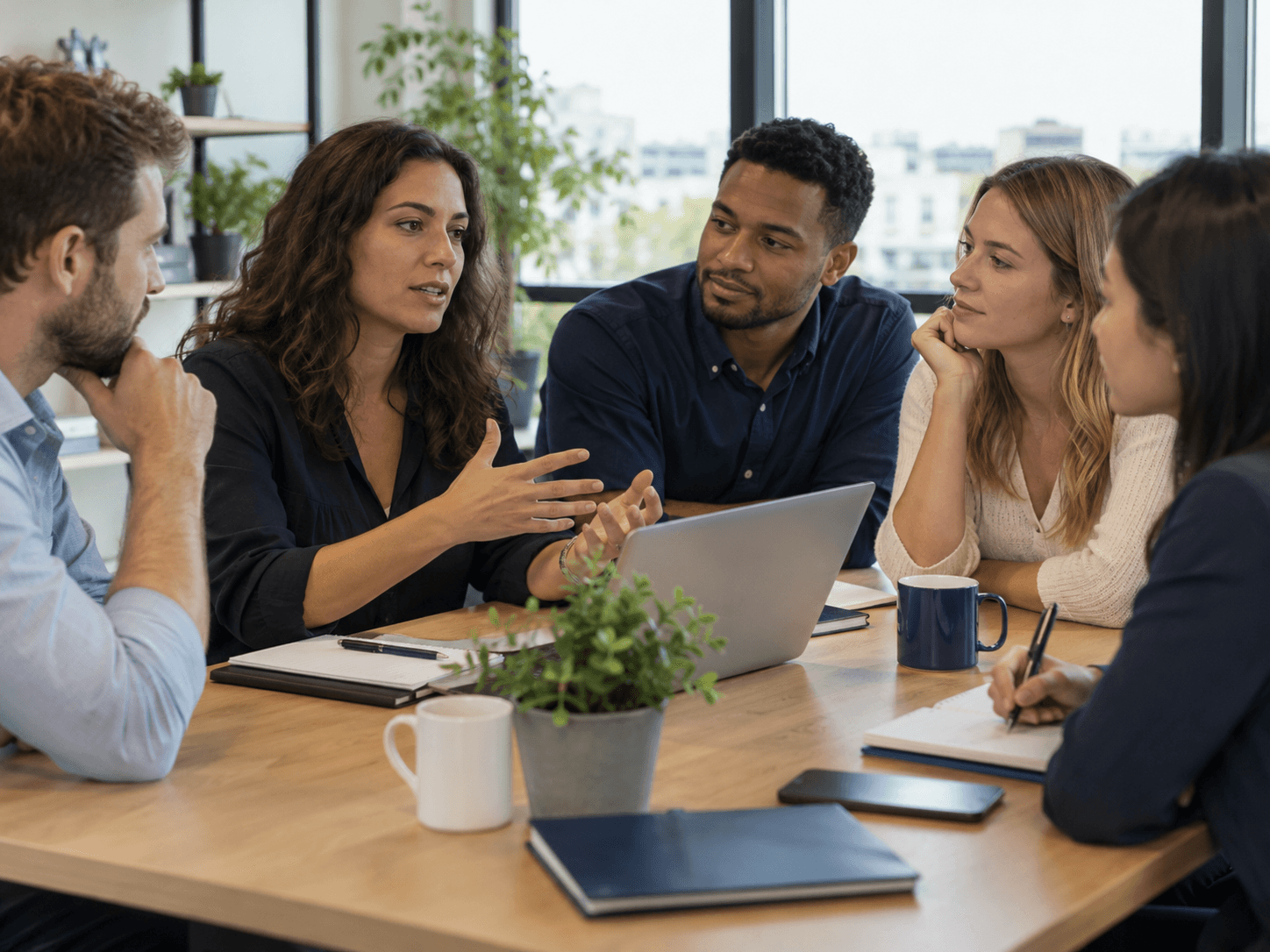 Colleagues planning customer conversations together